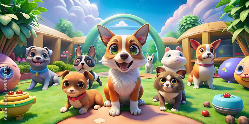 Adorable Pet Crew: A charming group of cartoon pets, including a corgi, Boston terrier, and other adorable breeds, gather in a vibrant, playful daycare setting. Perfect for children's games, apps. Adorable Pet Crew: A charming group of cartoon pets, including a corgi, Boston terrier, and other adorable breeds, gather in a vibrant, playful daycare setting. Perfect for children's games, apps.