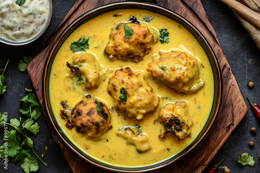 Top view Indulgent Creamy Kadhi Pakora – Soft, Spiced Pakoras Submerged in a Golden Yellow Kadhi for a Flavorful Feast Top view Indulgent Creamy Kadhi Pakora – Soft, Spiced Pakoras Submerged in a Golden Yellow Kadhi for a Flavorful Feast