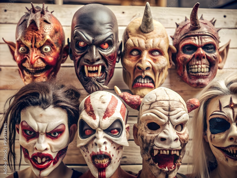 Halloween concept | Scary Halloween costumes and masks in store, mistic horror evil mask or face for carnival, masquerade for Halloween. Frightening masks of monsters, villains, vampires, monsters Halloween concept | Scary Halloween costumes and masks in store, mistic horror evil mask or face for carnival, masquerade for Halloween. Frightening masks of monsters, villains, vampires, monsters