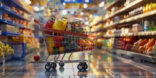 Full Shopping Cart in Supermarket Aisle