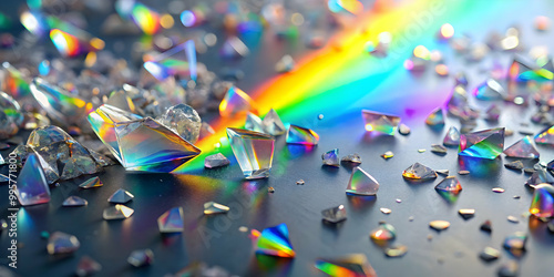 Rainbow Prism Crystals: Sparkling facets of light refract a vibrant rainbow, scattered crystals gleam on a dark reflective surface. A captivating display of color and light.  photo