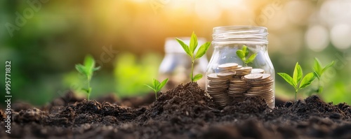 Wallpaper Mural A serene scene featuring jars with seeds surrounded by young plants sprouting from rich soil, illuminated by warm sunlight. Torontodigital.ca