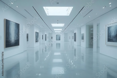 an art gallery space with minimalist white walls elegantly displaying a variety of beautiful paintings inviting contemplation and appreciation of art