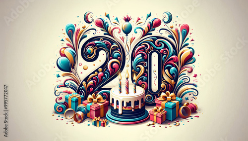 A dynamic 20th birthday image featuring bold, colorful swirls, balloons, and presents, with a cake and the number 20 at the center, set against a light background