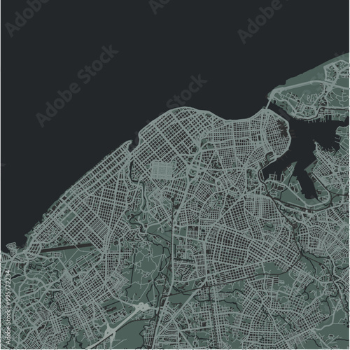 Map of Havana in Cuba in a smooth dark style. Contains layered vector with roads water, parks, etc.