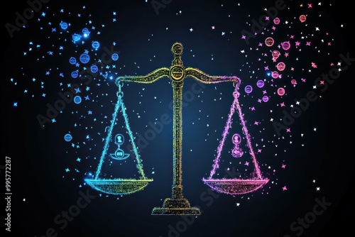 A stylized image of a balanced scale with male and female symbols on either side symbolizing equal rights.