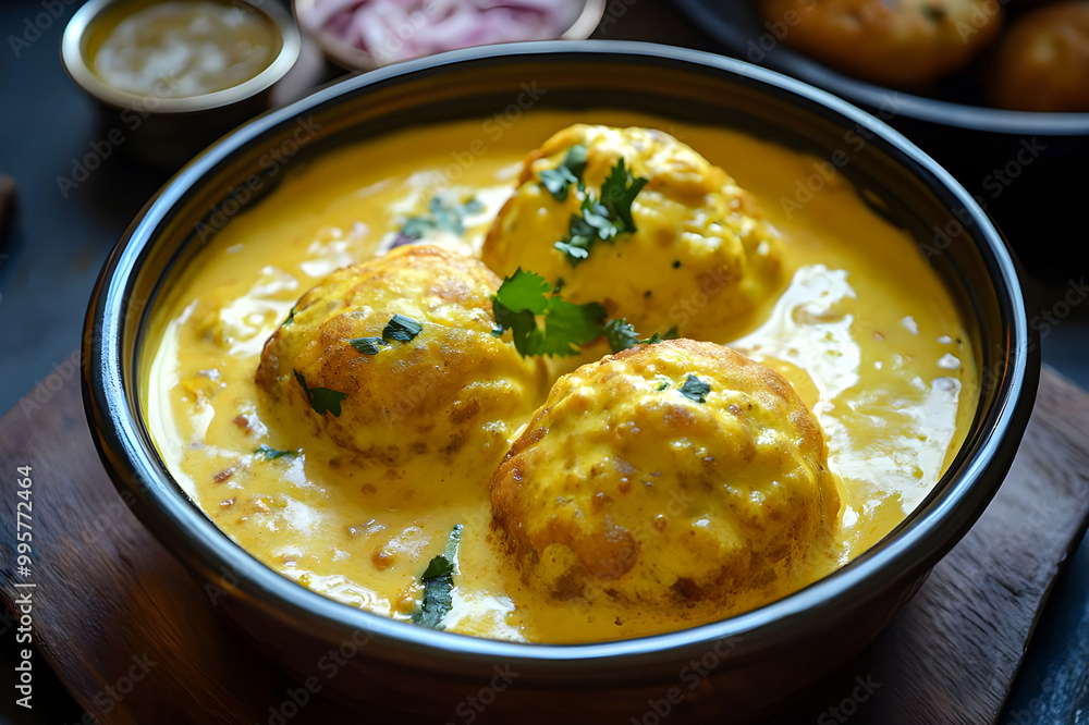 Top view Indulgent Creamy Kadhi Pakora – Soft, Spiced Pakoras Submerged in a Golden Yellow Kadhi for a Flavorful Feast Top view Indulgent Creamy Kadhi Pakora – Soft, Spiced Pakoras Submerged in a Golden Yellow Kadhi for a Flavorful Feast