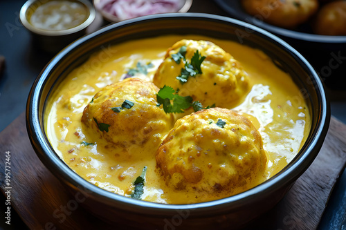 Top view Indulgent Creamy Kadhi Pakora – Soft, Spiced Pakoras Submerged in a Golden Yellow Kadhi for a Flavorful Feast