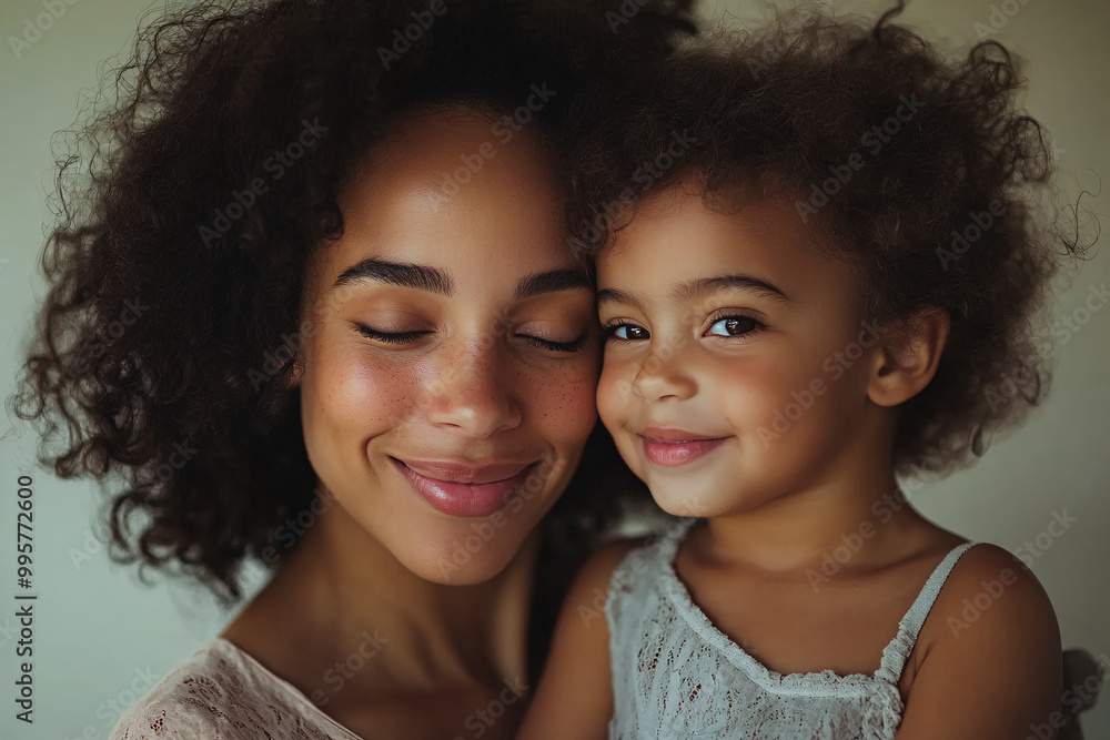 Mixed racial young mother and cute daughter smiling and interacting in front of a plain background, dressed in simple clothes, captured in a family photo portrait shoot showcasing their joyful bond Mixed racial young mother and cute daughter smiling and interacting in front of a plain background, dressed in simple clothes, captured in a family photo portrait shoot showcasing their joyful bond