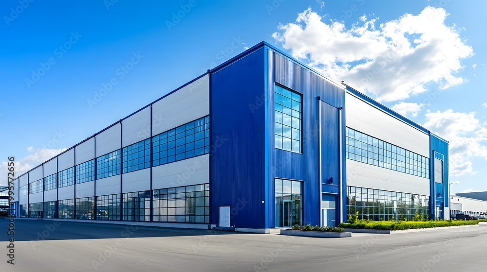 A modern warehouse with blue walls and a light gray roof, set against the backdrop of clear skies in an empty parking lot A modern warehouse with blue walls and a light gray roof, set against the backdrop of clear skies in an empty parking lot