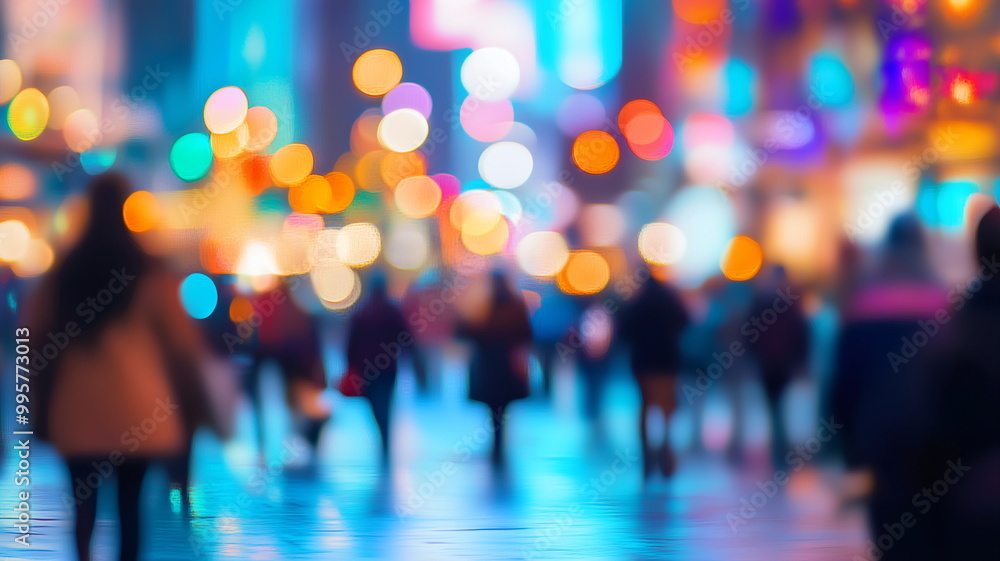 Vibrant night street scene with colorful neon bokeh lights and blurred figures moving through the crowd Vibrant night street scene with colorful neon bokeh lights and blurred figures moving through the crowd