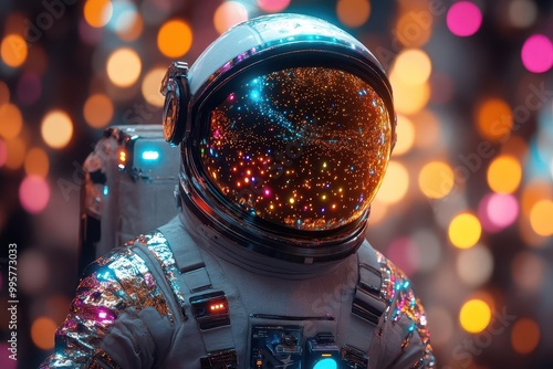 an astronaut in a vivid space suit dances amidst colorful lights at a rave club cocktail in hand blending the thrill of nightlife with cosmic adventure photo