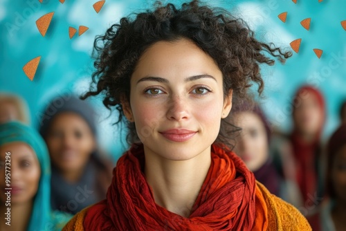 A woman standing in front of a diverse group leading with confidence symbolizing leadership and empowerment. photo