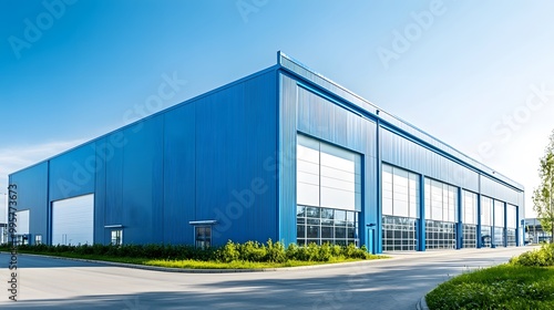 A modern warehouse with blue walls and a light gray roof, set against the backdrop of clear skies in an empty parking lot