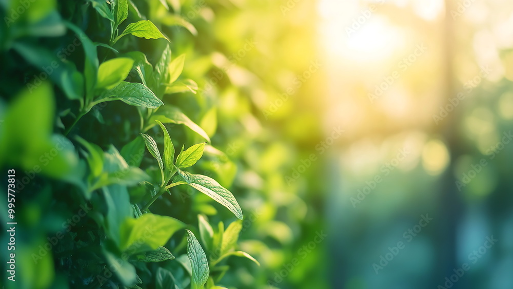 close-up of fresh green leaves on bushes. Sunlight shines through. close-up of fresh green leaves on bushes. Sunlight shines through.