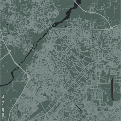 Map of Lahore in Pakistan in a smooth dark style. Contains layered vector with roads water, parks, etc.