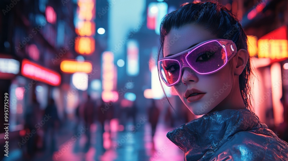 3D rendering of female cyborgs in a style night street environment with neon signs and soft focus background 3D rendering of female cyborgs in a style night street environment with neon signs and soft focus background
