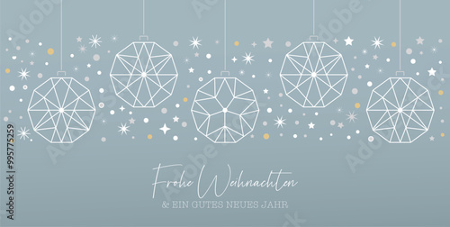 Weihnachtskarte mit Christbaumkugeln und Baumbehang silber - deutscher Text