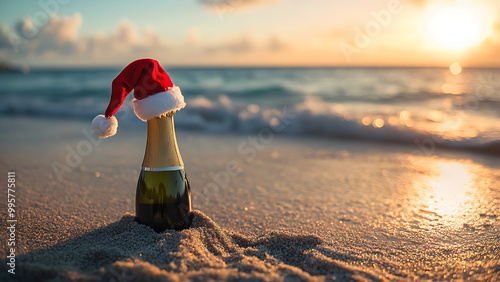 A champagne bottle with a Santa hat on it sits on a sandy beach