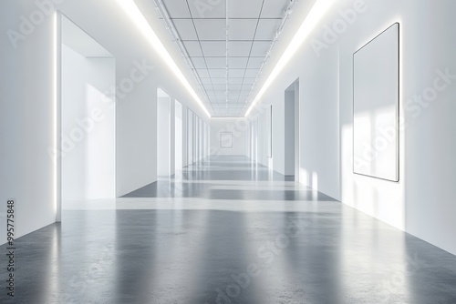 Modern corridor with bright lighting and minimalistic design, clean aesthetic.