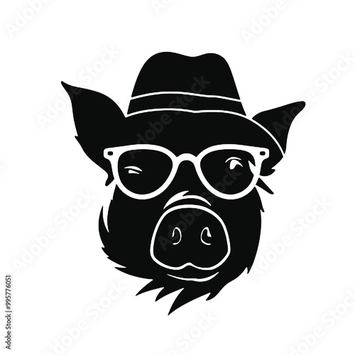 Clipart of a pig wearing a hat and sunglasses ,vector illustration transparent background 