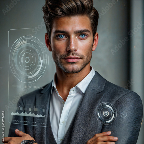Professional man with a futuristic tech interface, wearing a gray suit, symbolizing innovation and technology