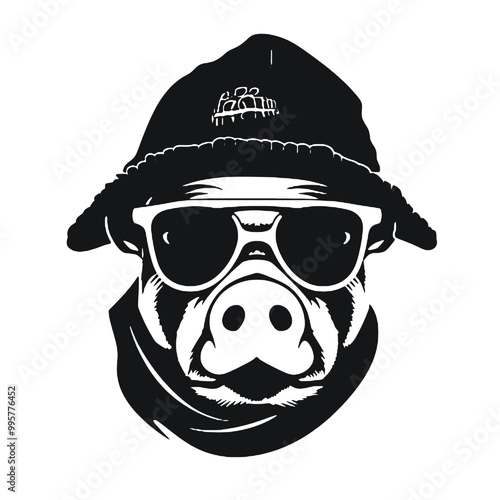 Clipart of a pig wearing a hat and sunglasses ,vector illustration transparent background 