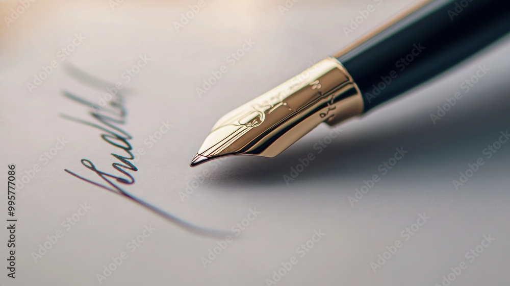 Fototapeta premium close up of fountain pen poised above sheet of paper, showcasing elegant signature. intricate details of pens nib and flowing script evoke sense of sophistication and artistry