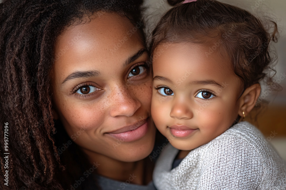 Mixed racial young mother and cute daughter smiling and interacting in front of a plain background, dressed in simple clothes, captured in a family photo portrait shoot showcasing their joyful bond Mixed racial young mother and cute daughter smiling and interacting in front of a plain background, dressed in simple clothes, captured in a family photo portrait shoot showcasing their joyful bond