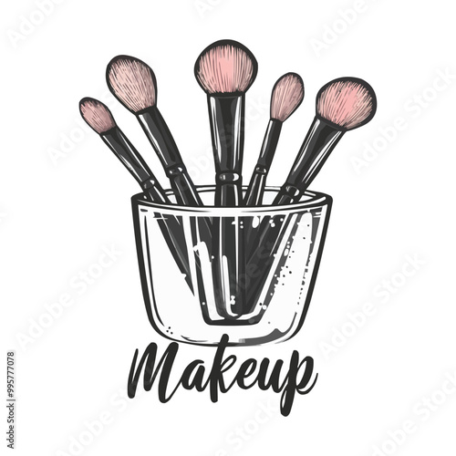 vector Makeup brushes in a container with the text makeup
