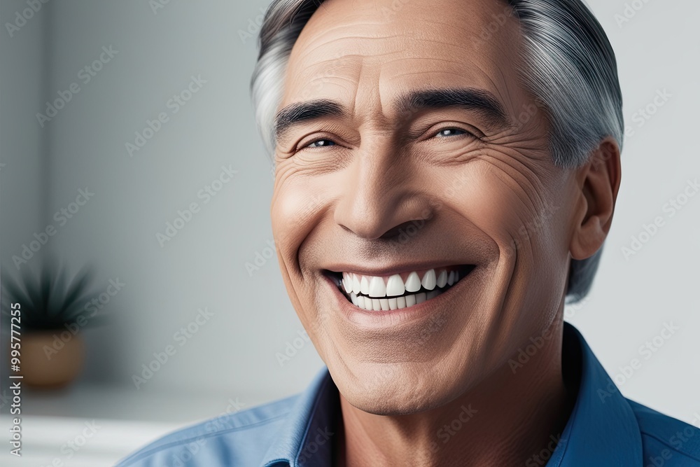 A Compelling Closeup of a Mature Gentleman with a Happy Visage and Pleased Smile in a Minimalistic Setting for Dental Health Awareness A Compelling Closeup of a Mature Gentleman with a Happy Visage and Pleased Smile in a Minimalistic Setting for Dental Health Awareness