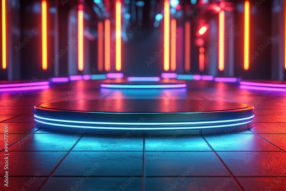 Neon Blue Lit Podium in Red and Purple Lit Room Neon Blue Lit Podium in Red and Purple Lit Room