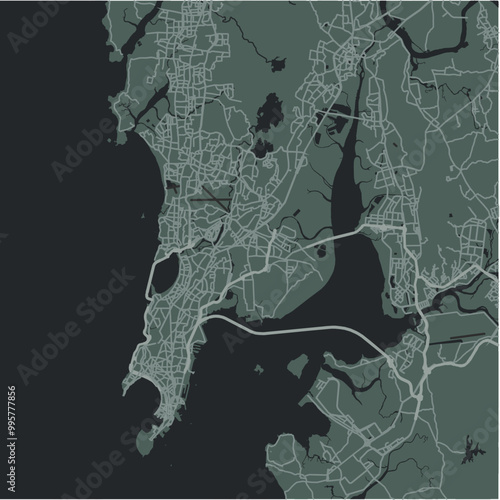 Map of Mumbai in India in a smooth dark style. Contains layered vector with roads water, parks, etc.
