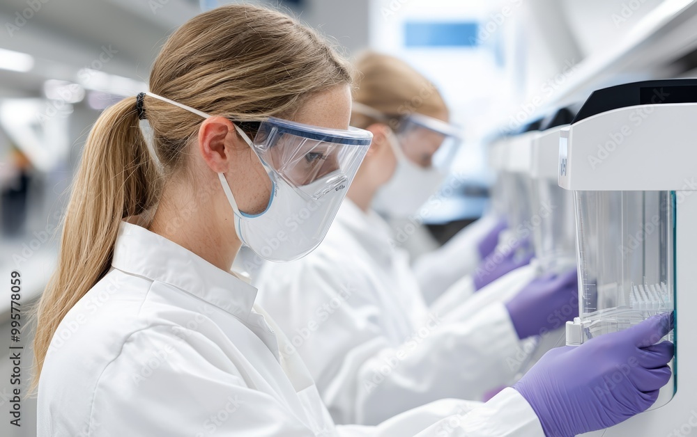 A team of scientists sequencing genomes using next-generation sequencing machines A team of scientists sequencing genomes using next-generation sequencing machines