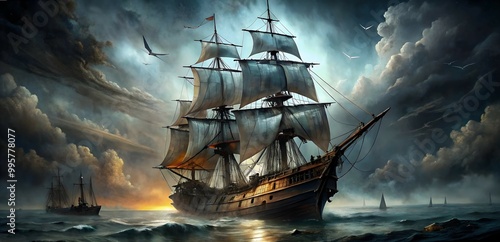 Sailing into the Storm:  A majestic galleon cuts through stormy seas, its sails billowing in the wind, a beacon of hope and resilience.