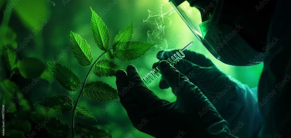 Fototapeta premium Biologists extracting DNA from plant leaves under a fume hood