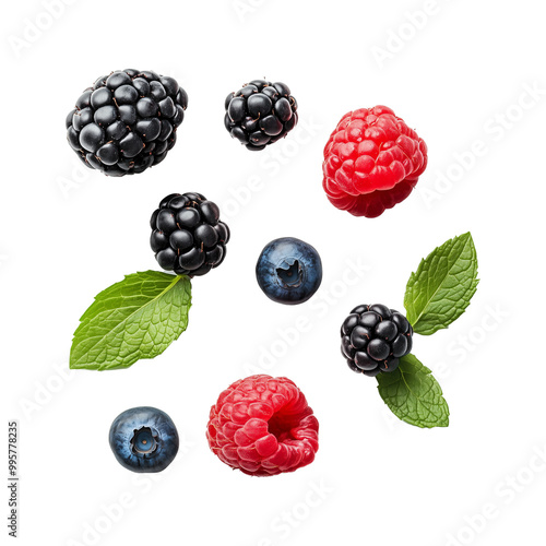 Sweet Ripe Berries Mixed on Isolated Transparent Background, Blue Berries, Raspberries, Black Berries, with Green Mint Leaf