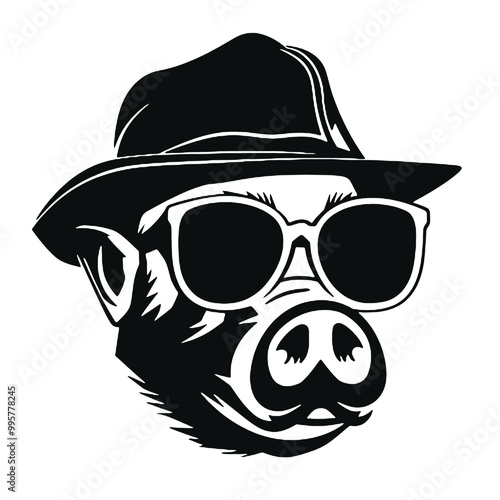  Pig with Sunglasses and hat ,vector illustration transparent background 