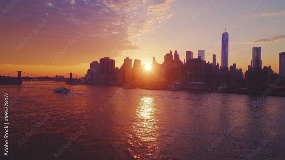 Fototapeta premium Enjoy NYC's sunset skyline, with vibrant colors, sparkling water, and bustling Brooklyn Bridge life.