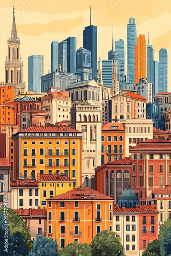 Milan, Italy, color pen pencil hand-drawn effect drawing illustration for travel poster, card, wallpaper, backdrop or banner. Modern, clear, artistic and simple