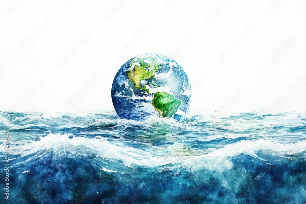 Planet Earth surrounded by ocean waves, vibrant watercolors on a white background. Planet Earth surrounded by ocean waves, vibrant watercolors on a white background.