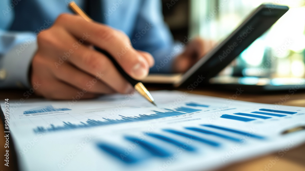 Analyzing financial data with graphs and charts, person is focused on aligning financial goals using laptop and pen Analyzing financial data with graphs and charts, person is focused on aligning financial goals using laptop and pen