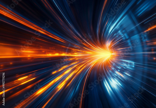 abstract background featuring dynamic blue and orange light streaks, creating sense of motion and energy. This visually striking image evokes feelings of speed and excitement