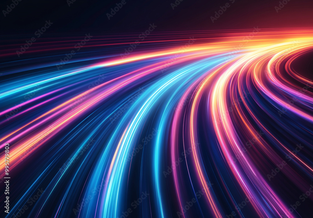 Vibrant abstract curved light trails create sense of speed and motion, showcasing dynamic blend of colors like blue, pink, and orange. This visually striking background evokes energy and excitement Vibrant abstract curved light trails create sense of speed and motion, showcasing dynamic blend of colors like blue, pink, and orange. This visually striking background evokes energy and excitement