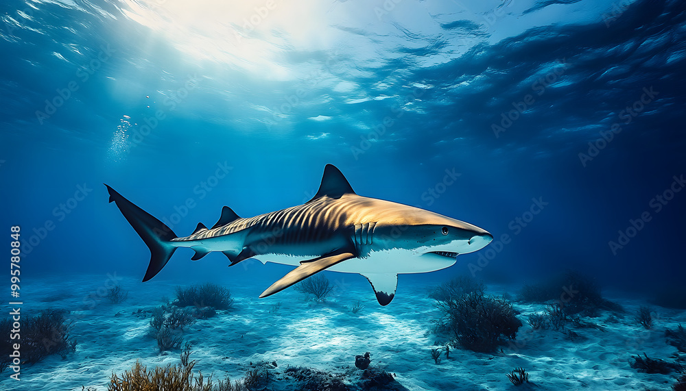 Fototapeta premium diving with big tiger shark underwater in blue transparent ocean