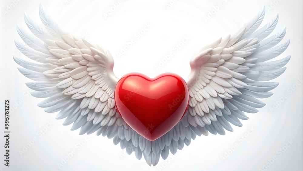 Red heart with angel wings flying on a white background symbolizing love and spirituality Red heart with angel wings flying on a white background symbolizing love and spirituality