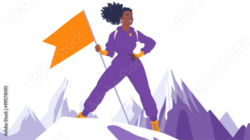 vector black woman standing on mountain with waving flag .Generative AI