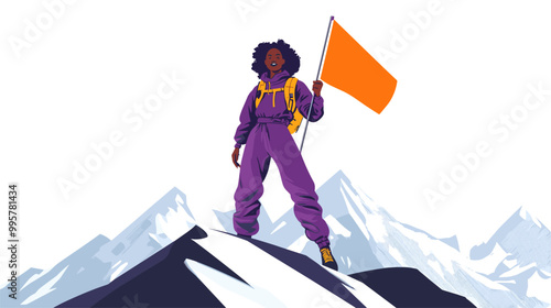 vector black woman standing on mountain with waving flag .Generative AI
