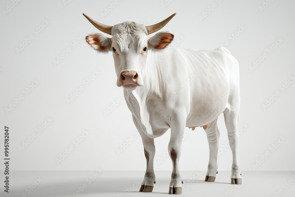 White Cow with Horns
A white cow with small horns standing tall, its ears and horns giving it a distinct appearance. White Cow with Horns
A white cow with small horns standing tall, its ears and horns giving it a distinct appearance.