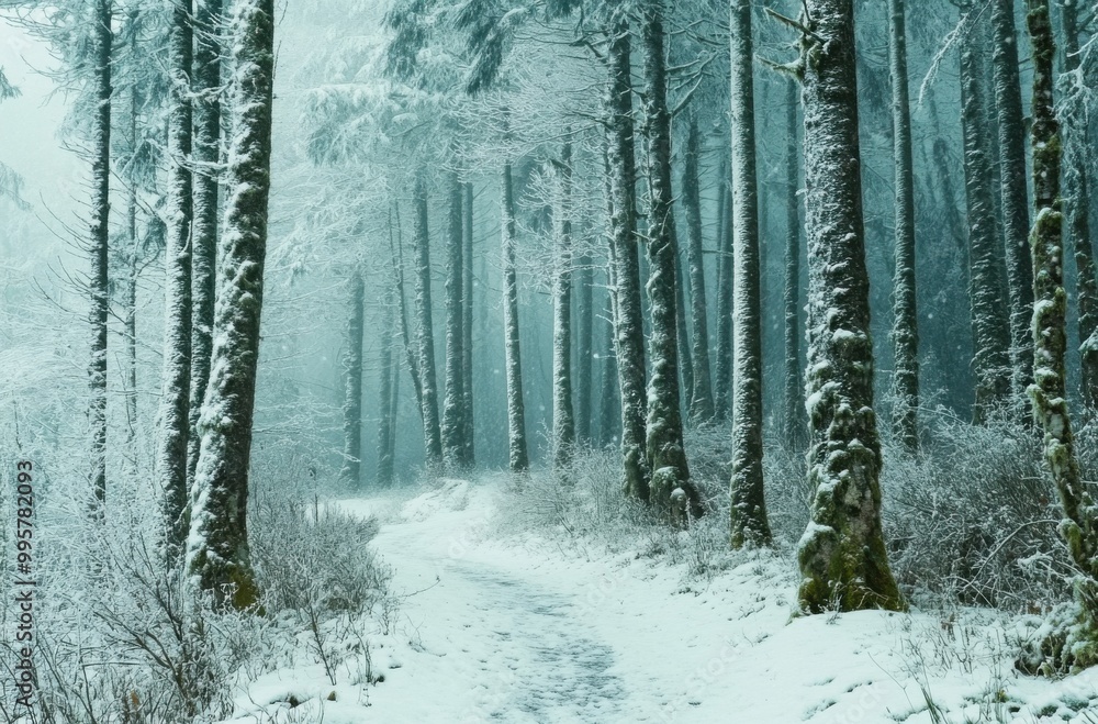 Fototapeta premium A snowy forest path leading through tall trees, covered in fresh snow and a misty atmosphere.